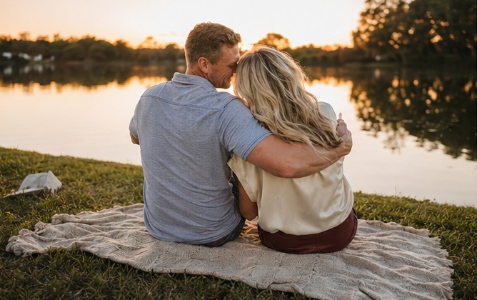 Josh and Jessica sitting together by the water at sunset