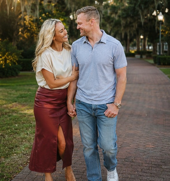 Josh and Jessica walking hand in hand down a brick path